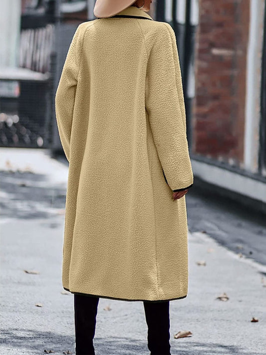Full Size Contrast Trim Long Sleeve Coat with Pockets - Trendsi