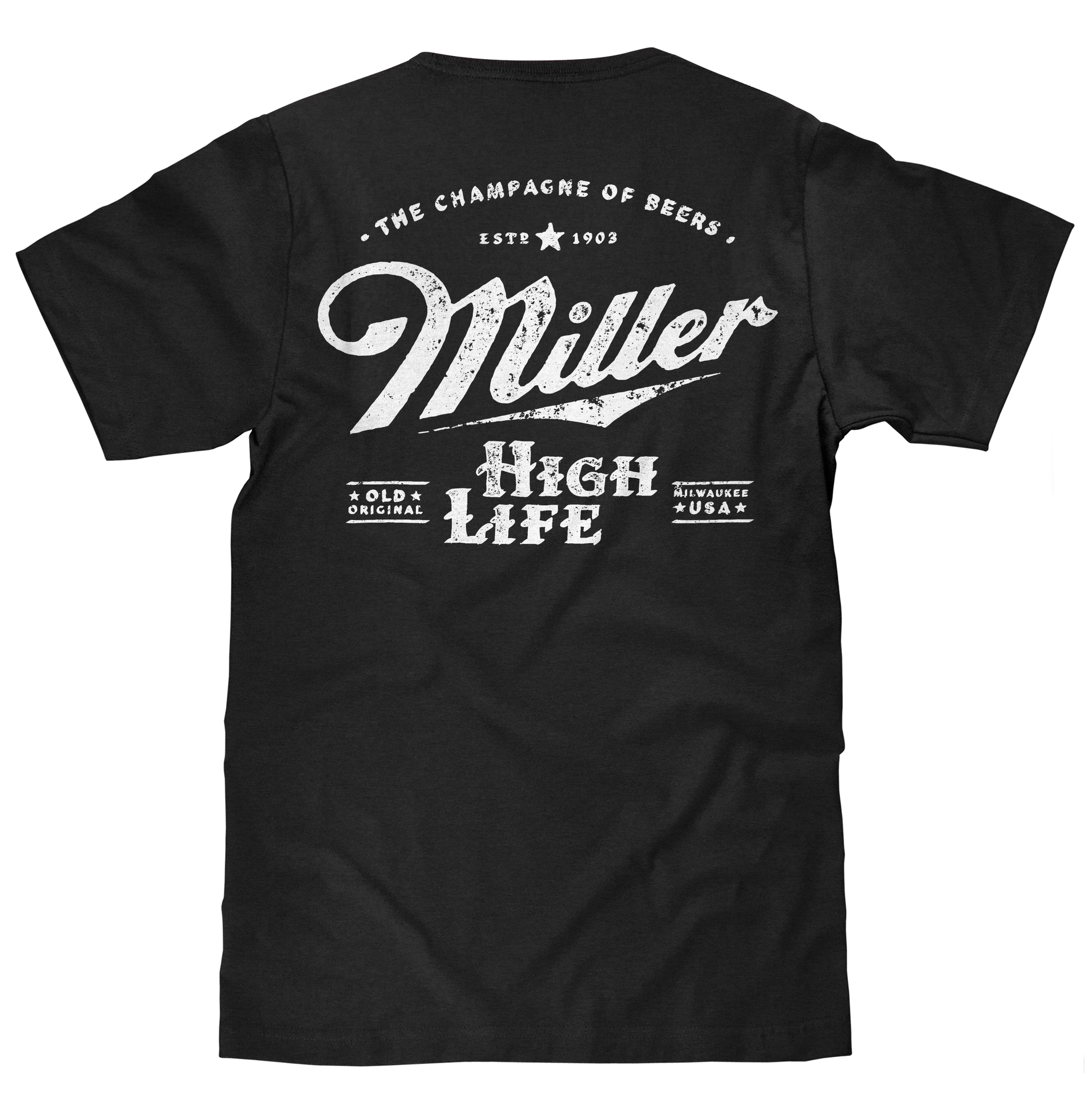 Distressed Miller High Life Logo Front and Back Print T-Shirt - Black