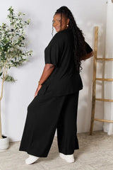 Double Take Full Size Round Neck Slit Top and Pants Set - Trendsi - Flyclothing LLC