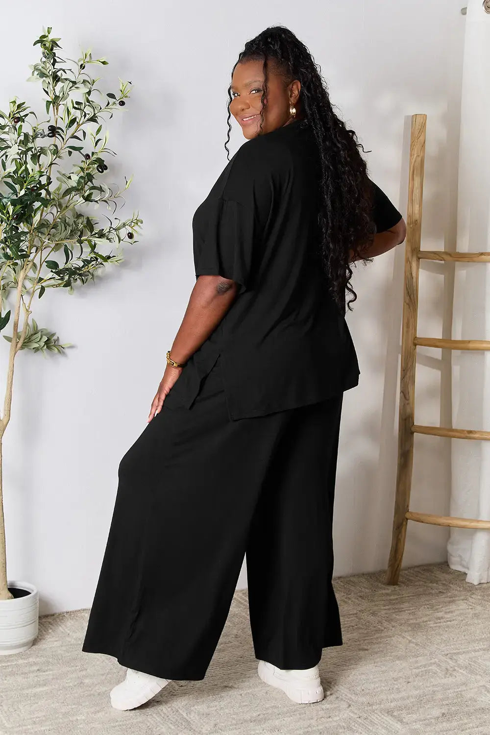 Double Take Full Size Round Neck Slit Top and Pants Set - Trendsi - Flyclothing LLC