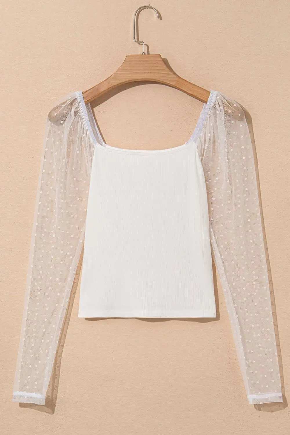Swiss Dot Mesh Long Sleeve Square Neck Slim Top - Trendsi - Flyclothing LLC