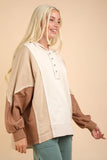 VERY J Exposed Seam Color Block Half Button Hoodie - Trendsi