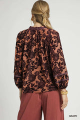 Umgee Floral Velvet Blouse with Balloon Sleeves - Trendsi - Flyclothing LLC