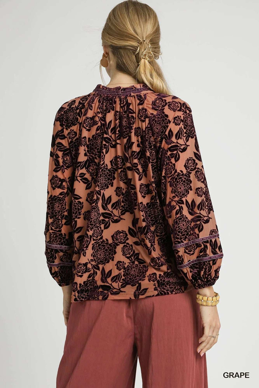 Umgee Floral Velvet Blouse with Balloon Sleeves - Trendsi - Flyclothing LLC