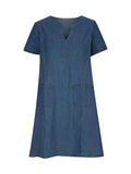 Full Size Notched Short Sleeve Denim Dress - Trendsi - Flyclothing LLC