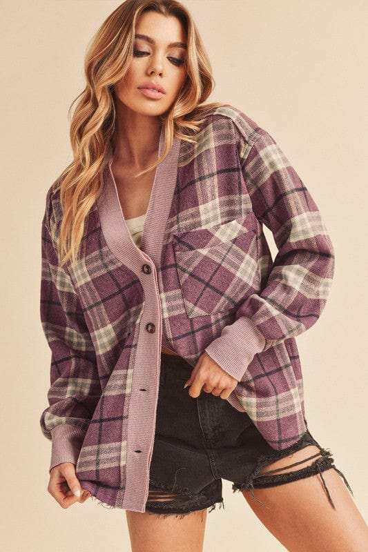 Aemi + Co Side Slit Patch Pocket Plaid Button Down Jacket - Trendsi - Flyclothing LLC