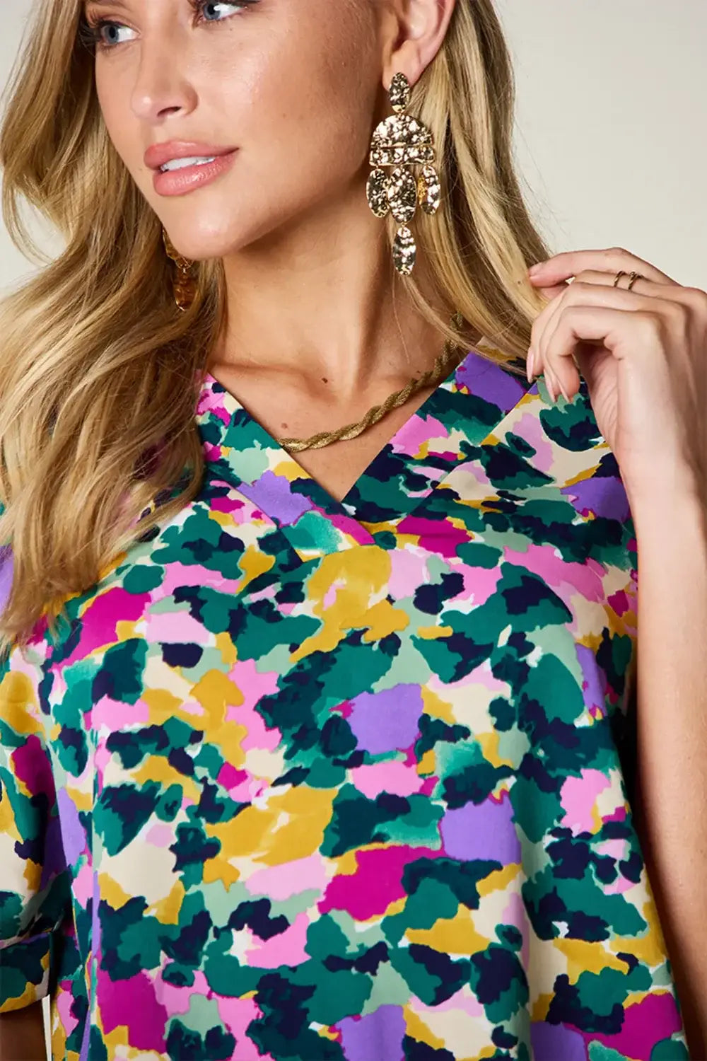 Double Take Full Size Printed V-Neck Short Sleeve Side Slit Top - Trendsi - Flyclothing LLC