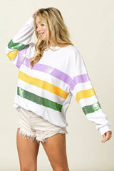 BiBi Sequin Mardi Gras Striped Round Neck Sweatshirt - Trendsi - Flyclothing LLC