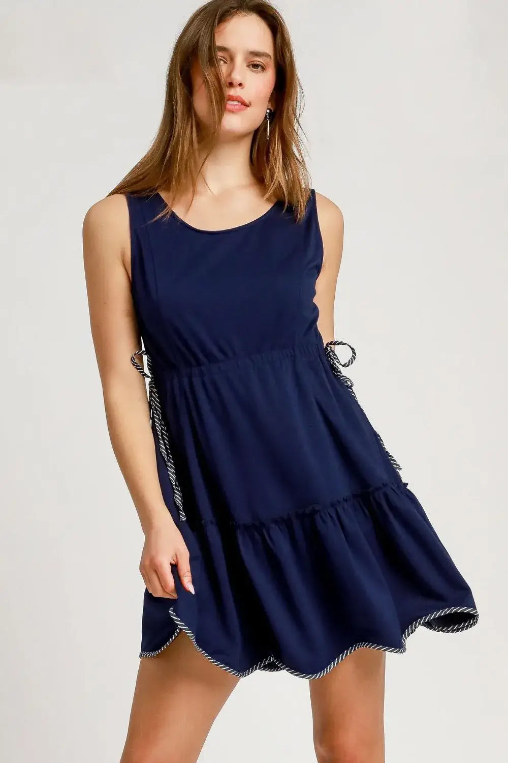 Umgee Frill Drawstring Waist Round Neck Mini Tank Dress - Trendsi - Flyclothing LLC
