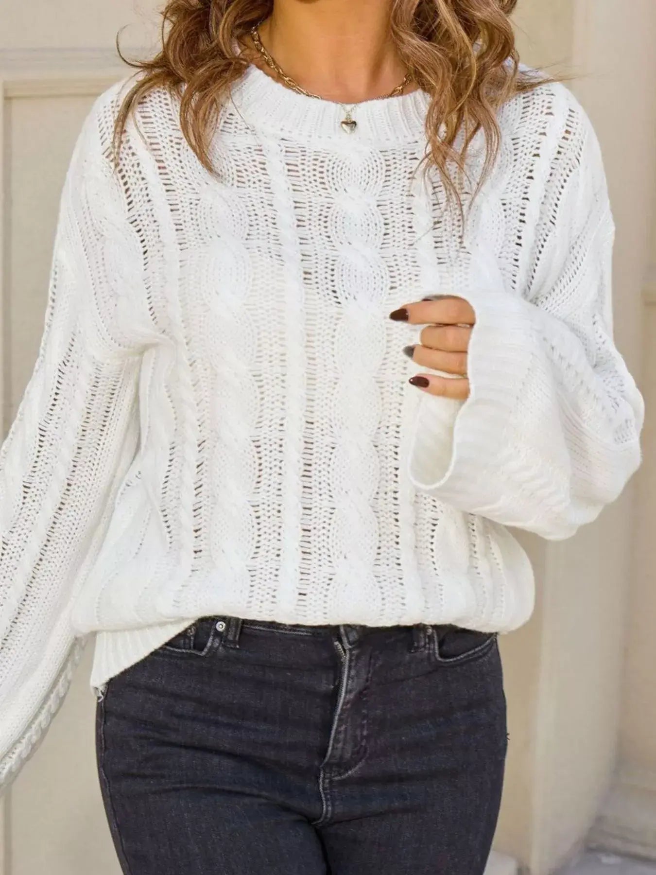 Cable Knit Long Sleeve Sweater - Trendsi - Flyclothing LLC