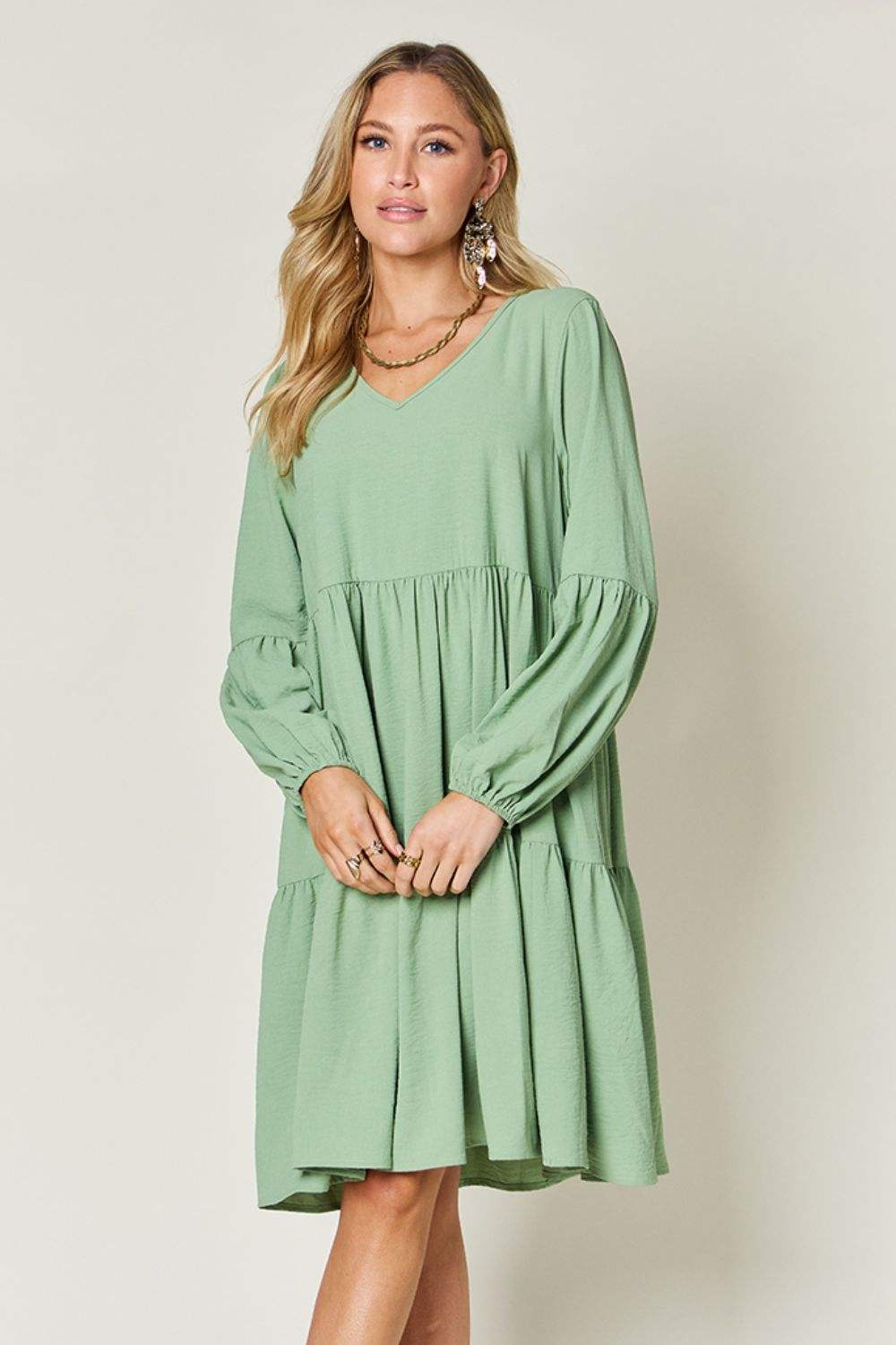 Double Take Full Size V-Neck Balloon Sleeve Tiered Dress - Trendsi - Flyclothing LLC