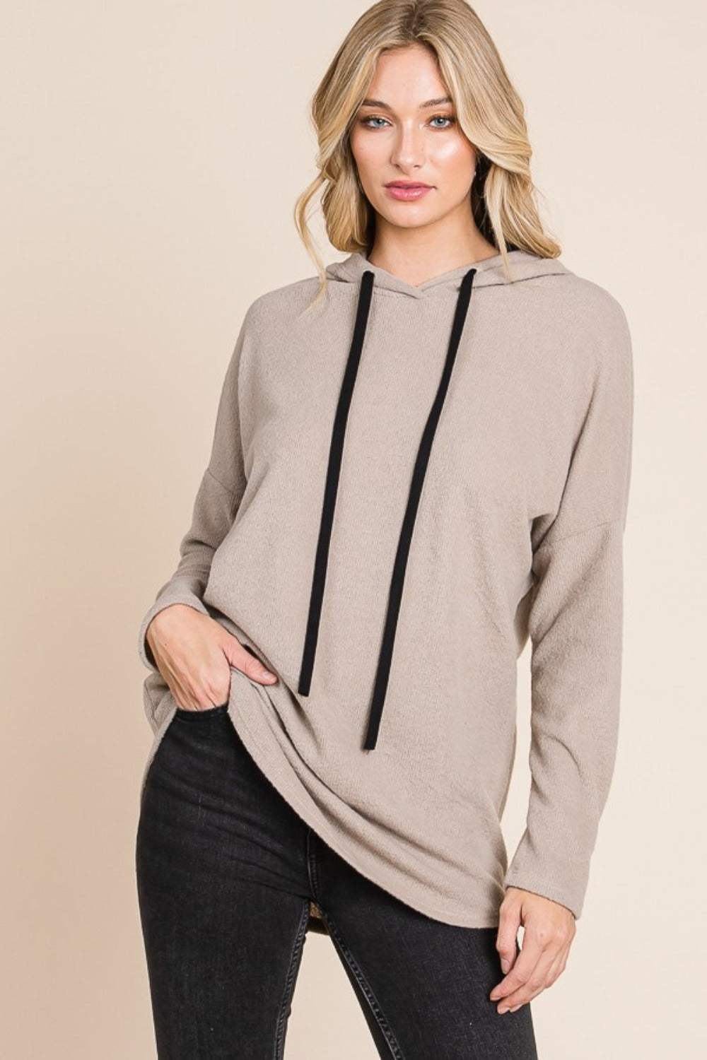 BOMBOM Contrast Drawstring Drop Shoulder Knit Hoodie - Trendsi - Flyclothing LLC
