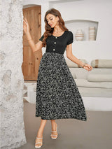Printed Round Neck Short Sleeve Midi Dress - Trendsi - Flyclothing LLC