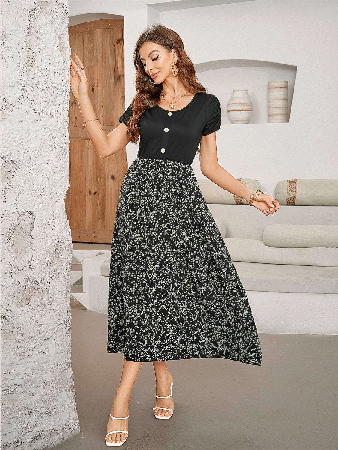 Printed Round Neck Short Sleeve Midi Dress - Trendsi - Flyclothing LLC