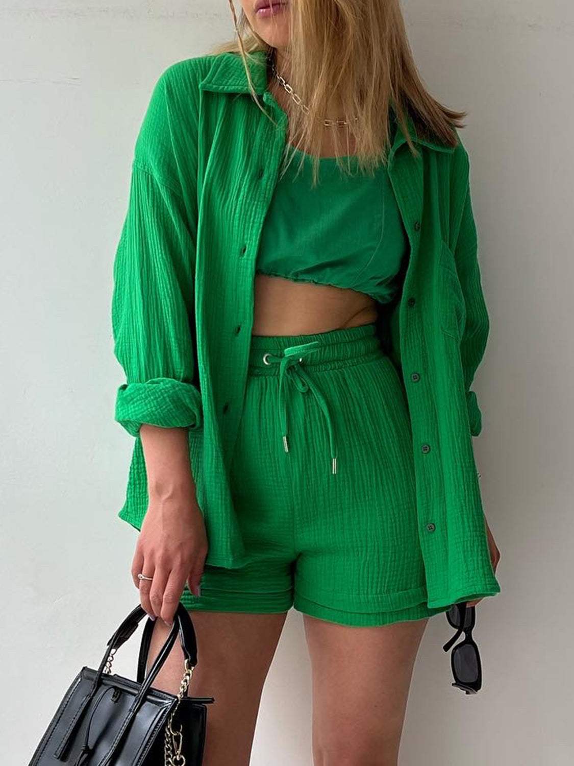 Texture Button Up Shirt and Drawstring Shorts Set - Trendsi - Flyclothing LLC