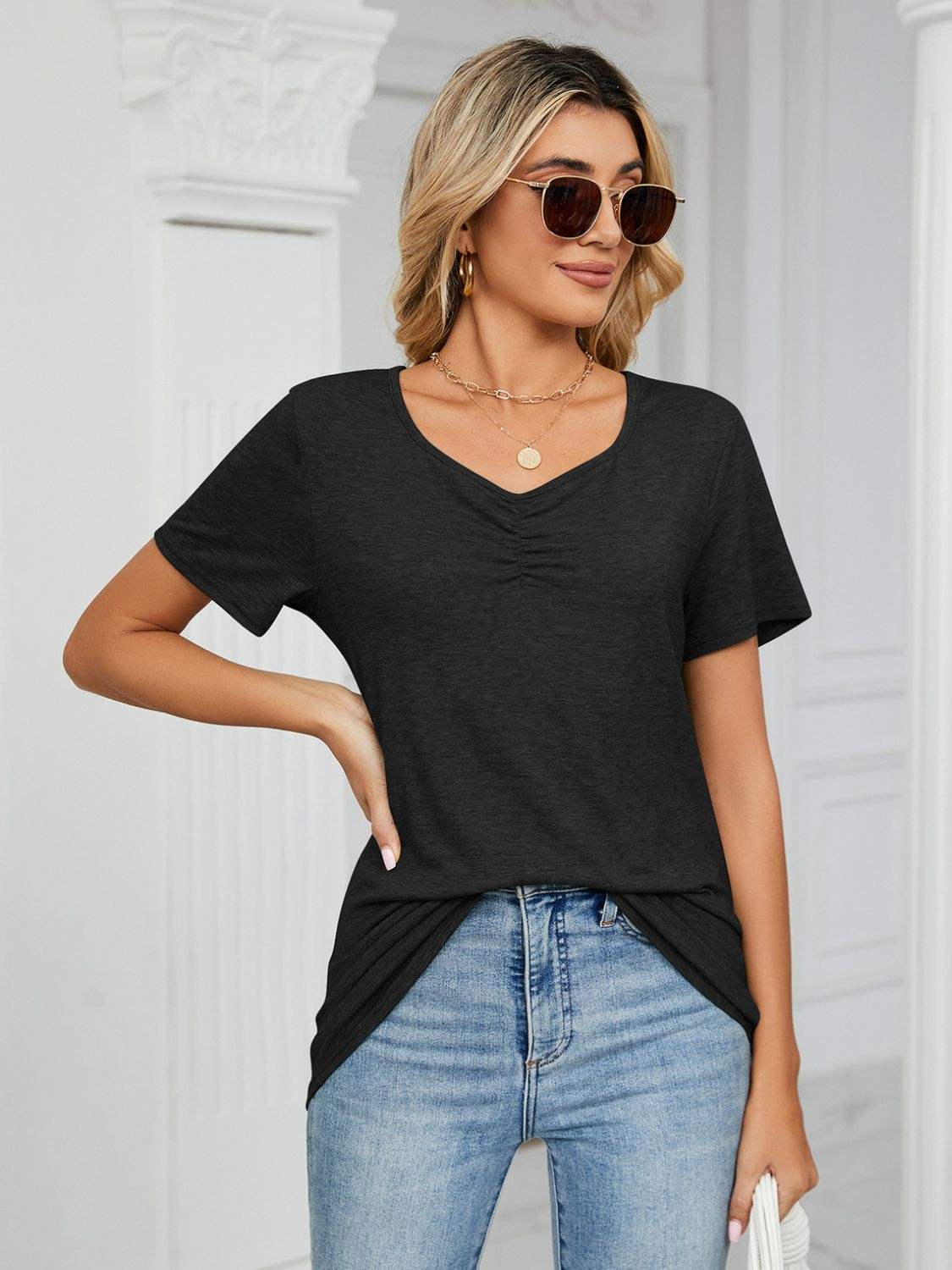 Ruched V-Neck Short Sleeve T-Shirt - Trendsi - Flyclothing LLC