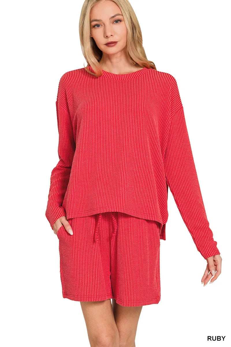 Zenana Corded Rib Long Sleeve Tee and Shorts Set - Trendsi - Flyclothing LLC