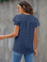 Swiss Dot Notched Flutter Sleeve Blouse - Trendsi - Flyclothing LLC