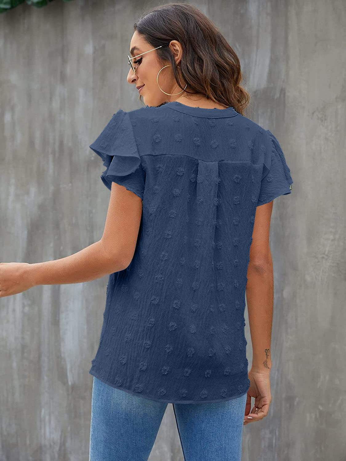 Swiss Dot Notched Flutter Sleeve Blouse - Trendsi - Flyclothing LLC
