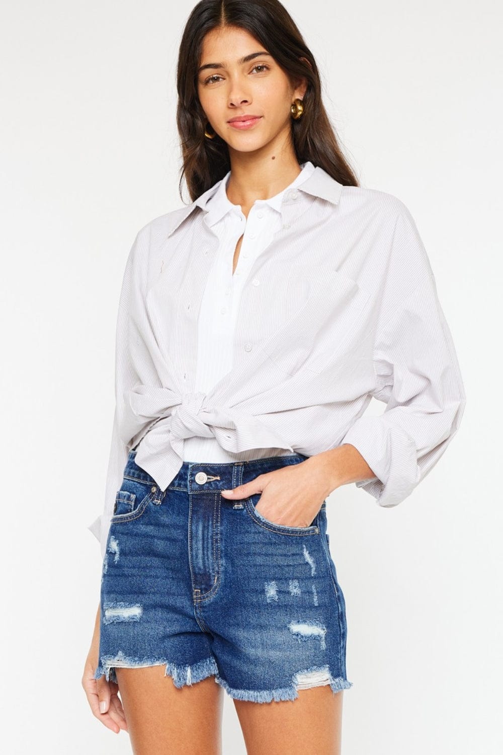 Kancan High Rise Frayed Hem Denim Shorts - Trendsi