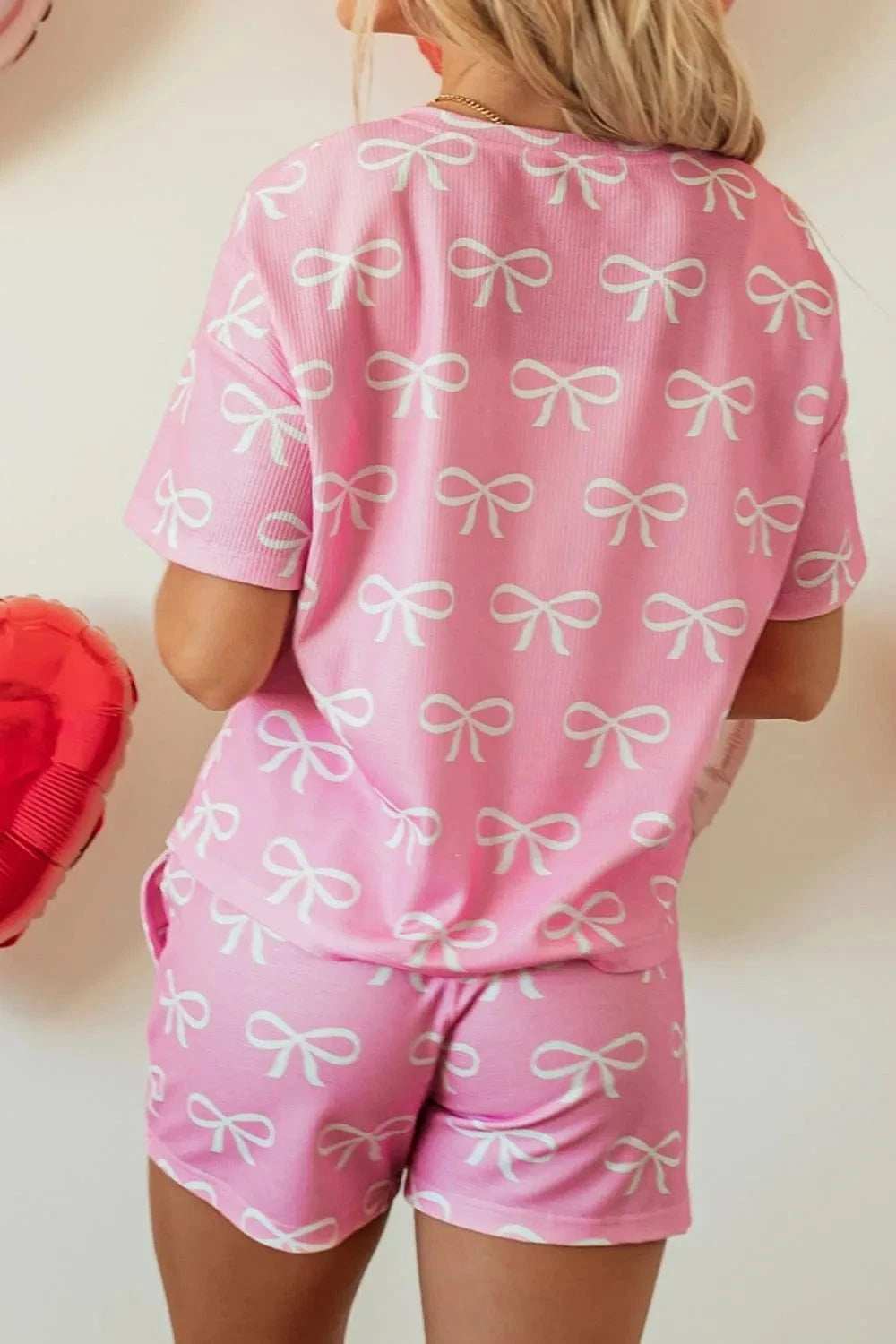 Bowknot Printed Notched T-Shirt and Shorts Set - Trendsi - Flyclothing LLC