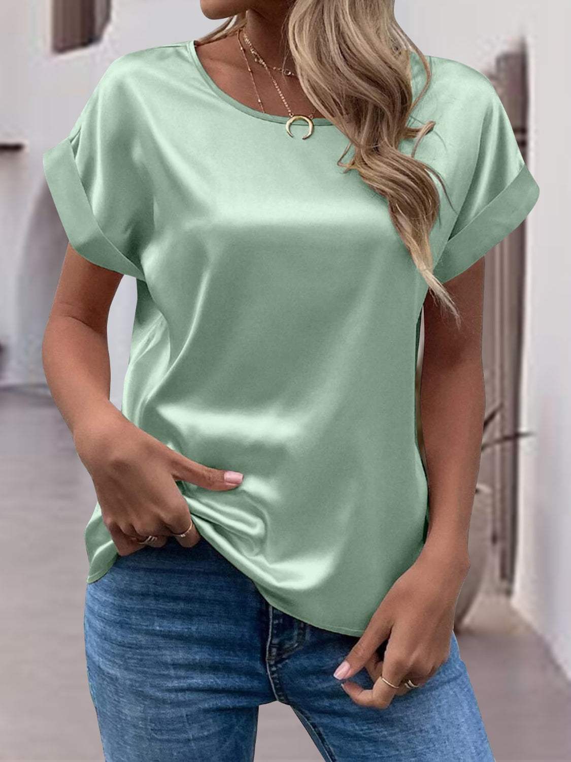 Round Neck Short Sleeve T-Shirt - Trendsi - Flyclothing LLC