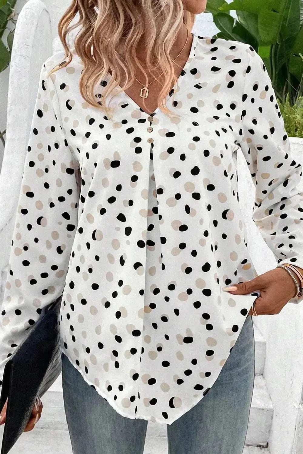 Printed V-Neck Long Sleeve Blouse - Trendsi - Flyclothing LLC