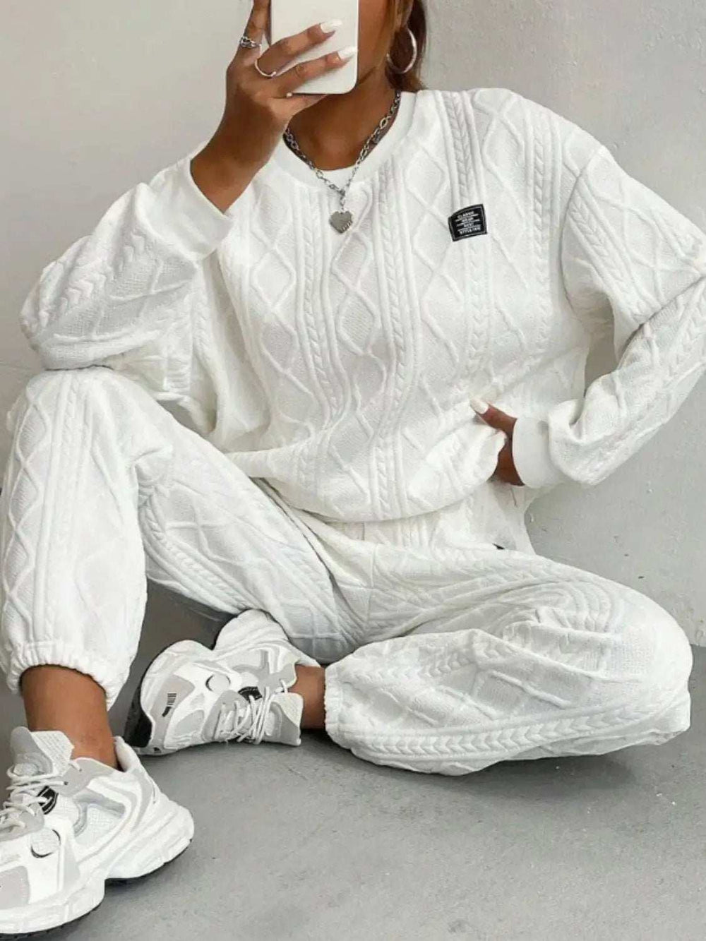 Texture Round Neck Long Sleeve Top and Pants Set - Trendsi - Flyclothing LLC