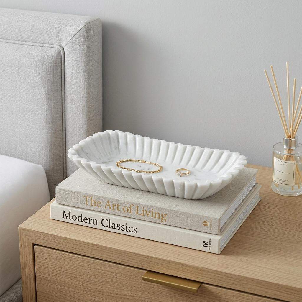 14" White Marble Fluted Trinket Tray - HomeRoots - Flyclothing LLC