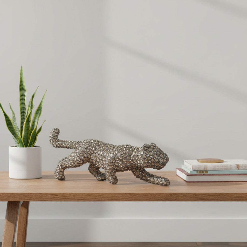 23" Silver And Clear Iron And Faux Crystal Panther Tabletop Sculpture - HomeRoots - Flyclothing LLC