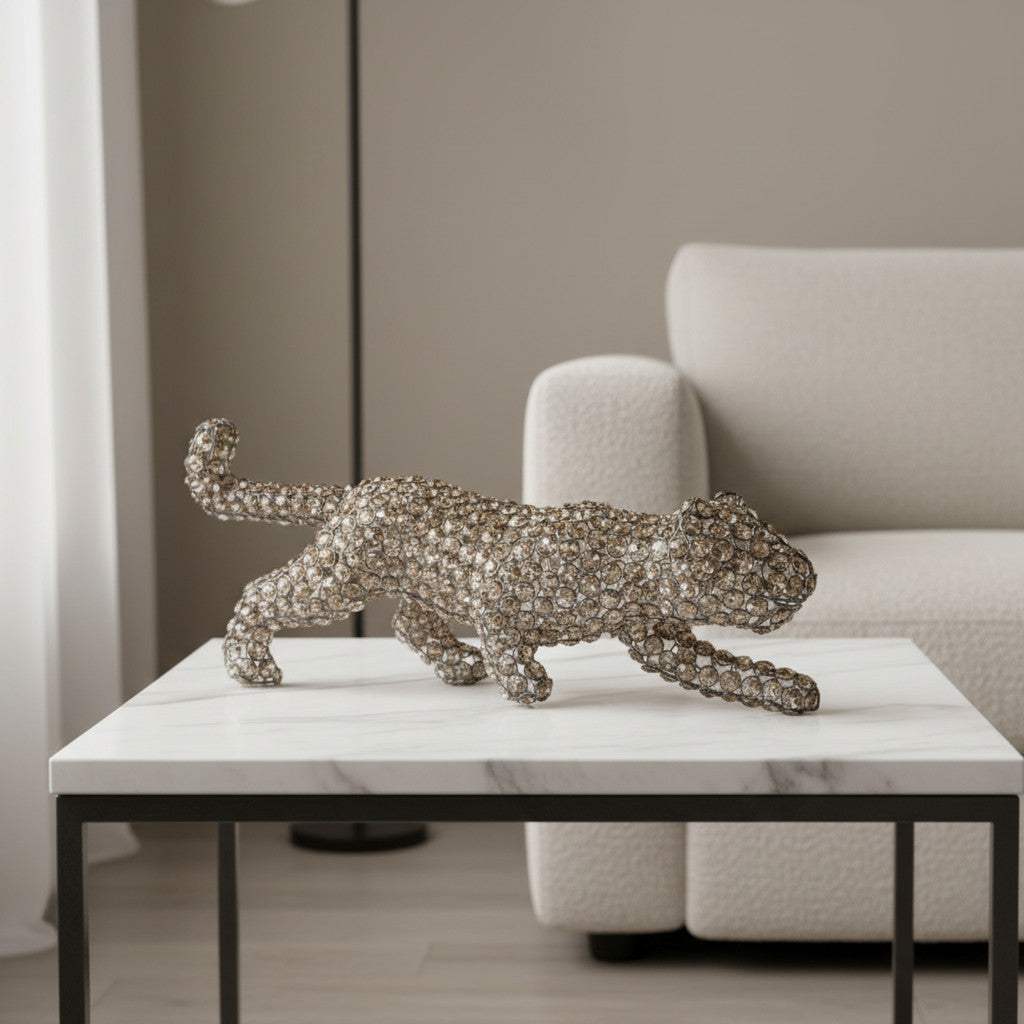 23" Silver And Clear Iron And Faux Crystal Panther Tabletop Sculpture - HomeRoots - Flyclothing LLC