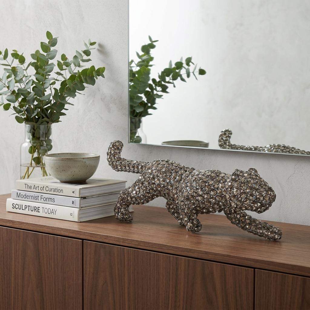 23" Silver And Clear Iron And Faux Crystal Panther Tabletop Sculpture - HomeRoots - Flyclothing LLC