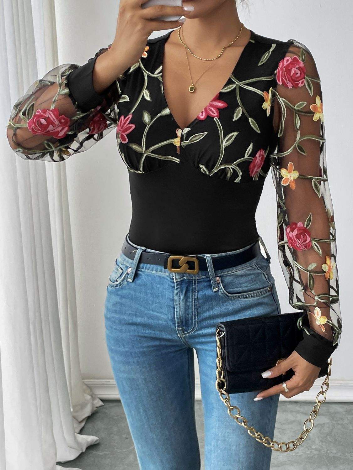 Perfee Embroidered V-Neck Long Sleeve Bodysuit - Trendsi - Flyclothing LLC