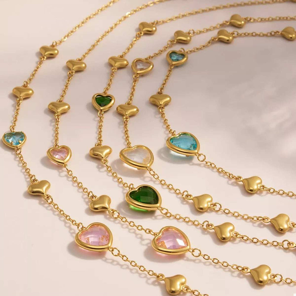 18K Gold-Plated Heart Necklace with Glass Stone - Trendsi - Flyclothing LLC