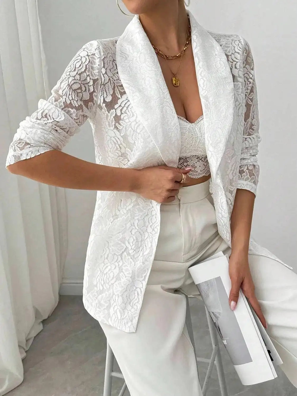 Lace Lapel Collar Long Sleeve Blazer - Trendsi