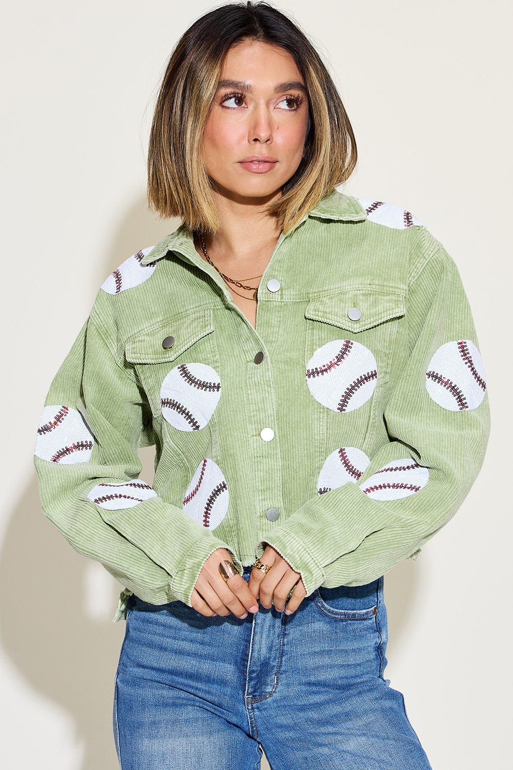 Baseball Sequin Dropped Shoulder Raw Hem Jacket - Trendsi