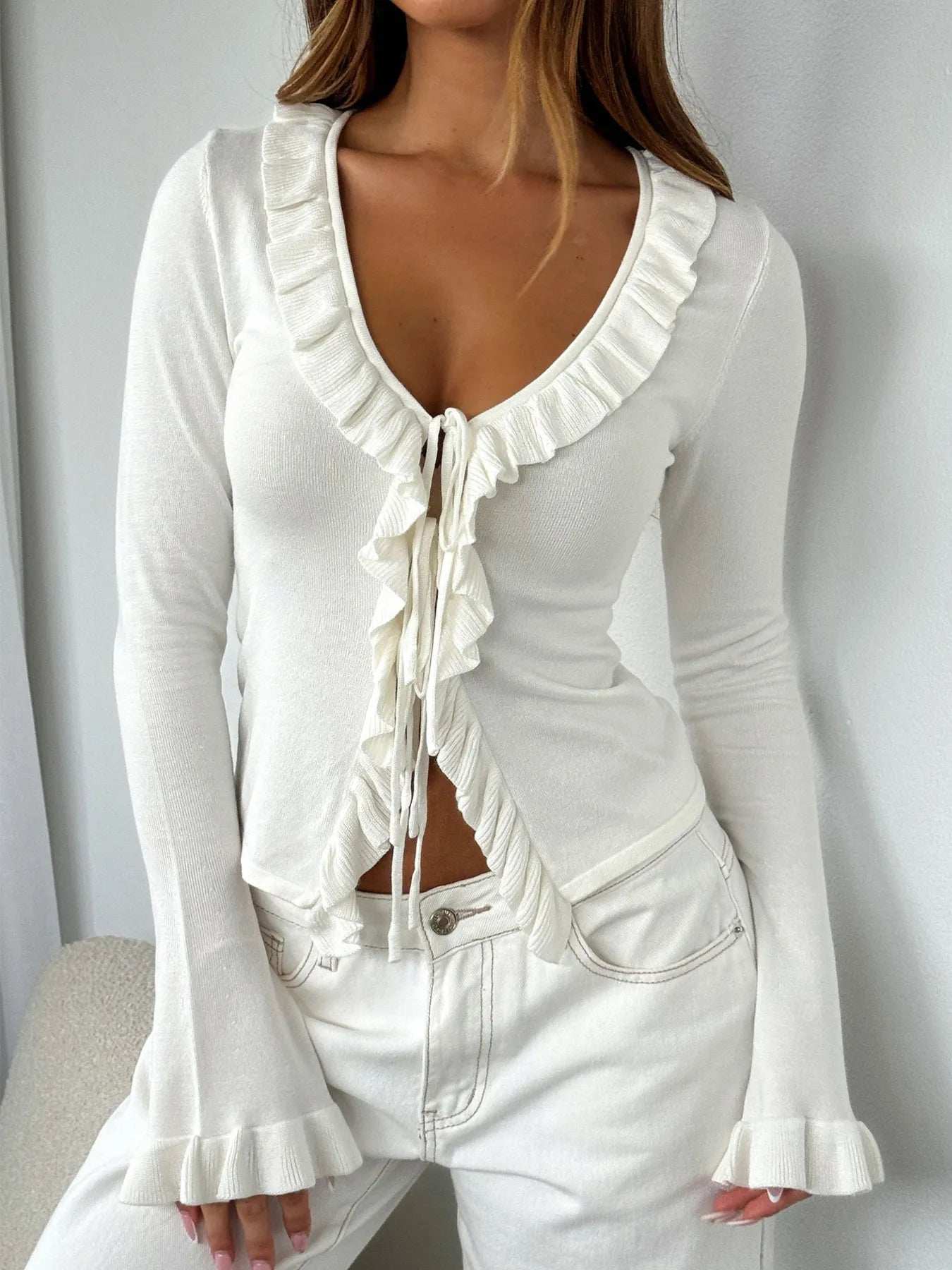 Ruffled Tie Front Flare Sleeve Shirt - Trendsi - Flyclothing LLC