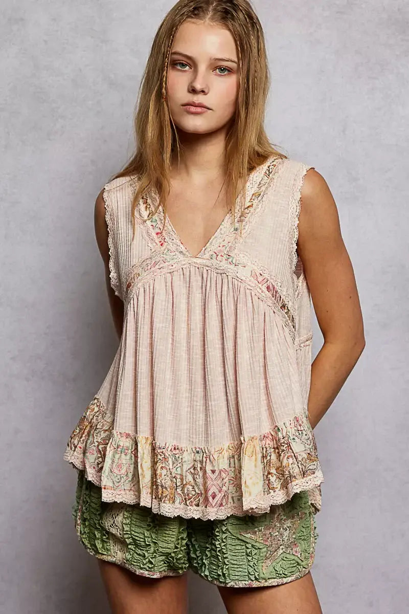 POL Lace Detail Ruffled Ribbed Sleeveless Top with Floral Pattern Trim Detail - Trendsi - Flyclothing LLC