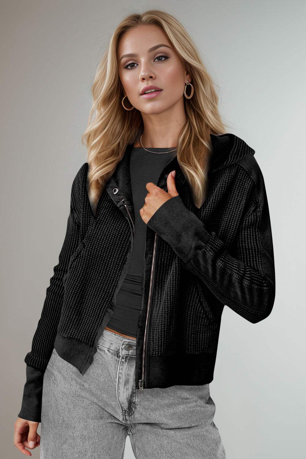 Double Take Waffle-Knit Zip Up Long Sleeve Hooded Jacket - Trendsi - Flyclothing LLC