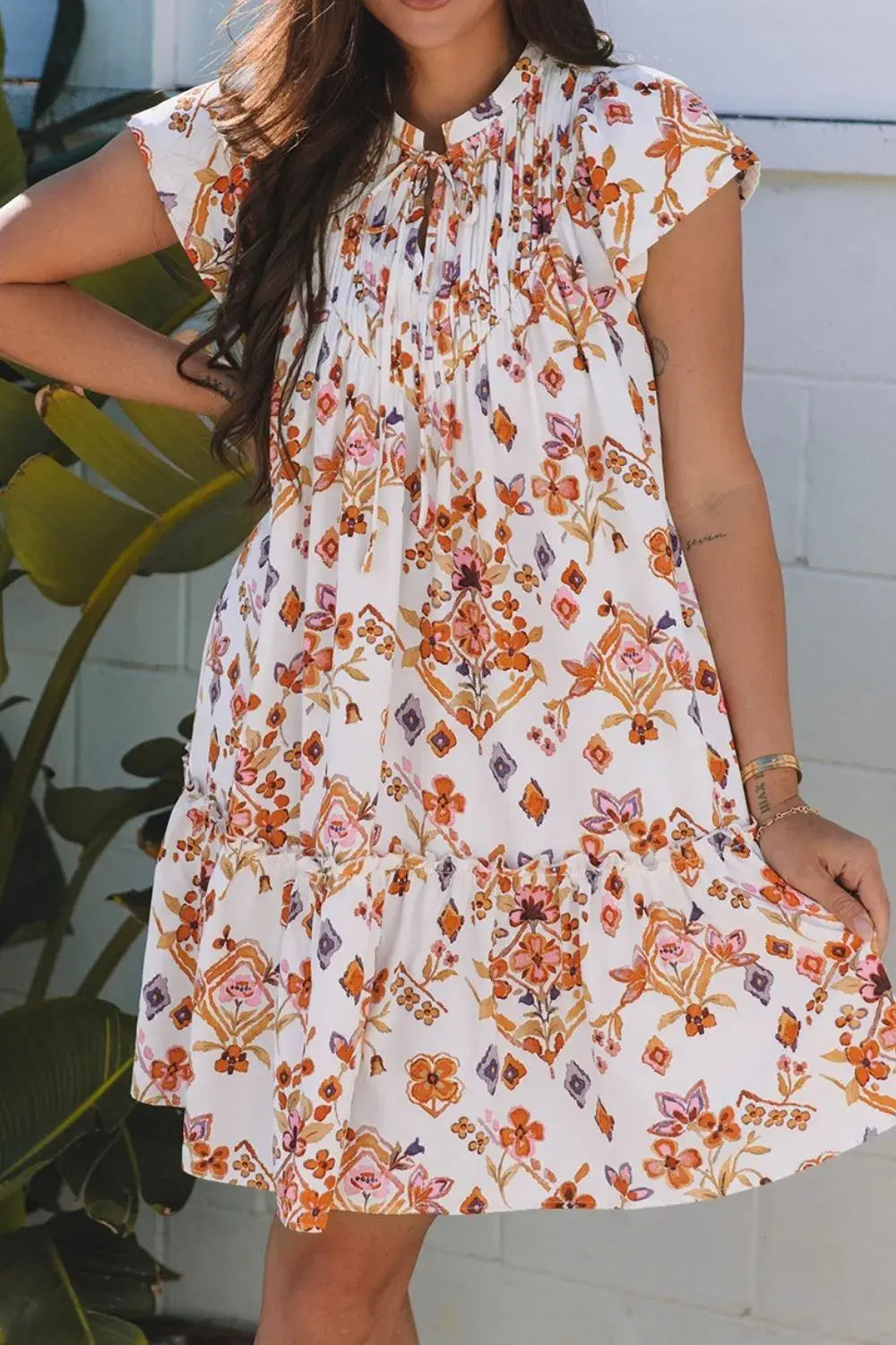 Printed Tie Neck Cap Sleeve Mini Dress - Trendsi - Flyclothing LLC