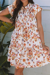 Printed Tie Neck Cap Sleeve Mini Dress - Trendsi - Flyclothing LLC