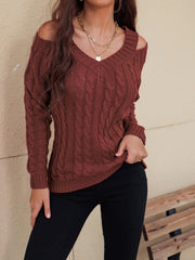 Honey Cable-Knit V-Neck Cold Shoulder Sweater - Trendsi