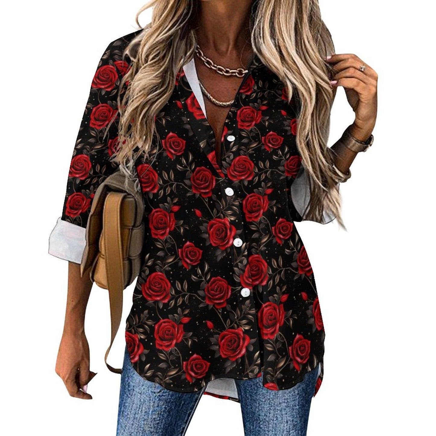 Colores De Mexico Romantic Red Roses Button Up Blouse