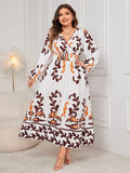 Plus Size Printed Surplice Flounce Sleeve Dress - Trendsi
