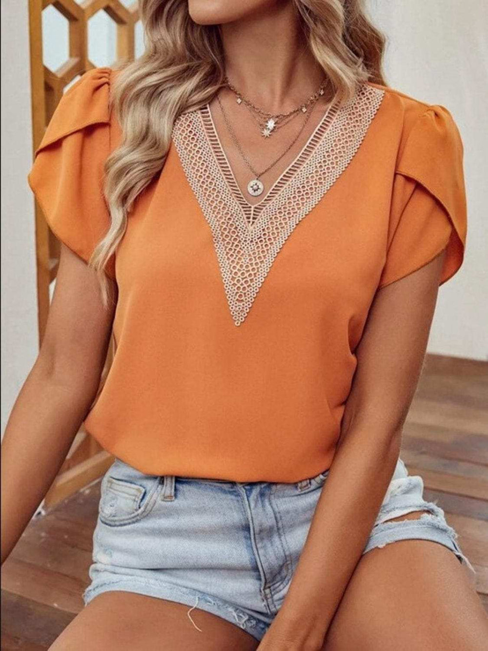 V-Neck Petal Sleeve Blouse - Trendsi - Flyclothing LLC