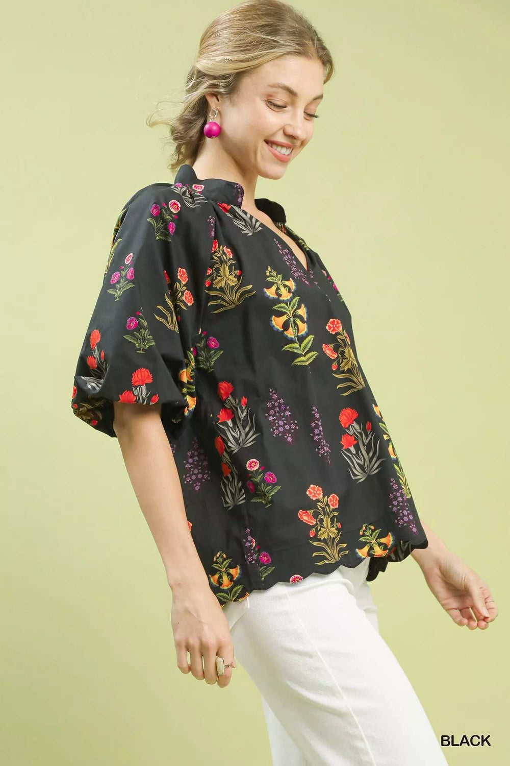 Umgee Floral Print Puff Sleeve Scallop Hem Blouse - Trendsi - Flyclothing LLC
