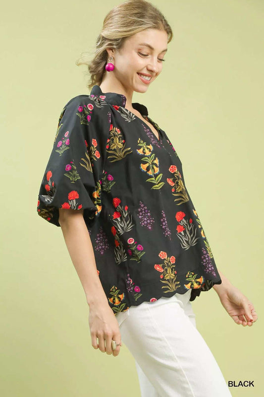 Umgee Floral Print Puff Sleeve Scallop Hem Blouse - Trendsi - Flyclothing LLC