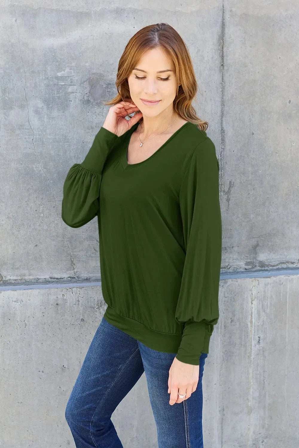 Basic Bae Full Size V-Neck Lantern Sleeve Top - Trendsi - Flyclothing LLC