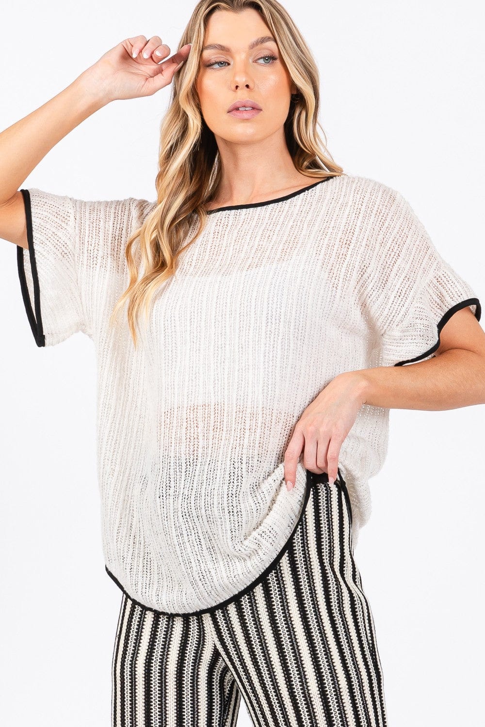 GeeGee Contrast Trim Short Sleeve Knit Cover Up - Trendsi