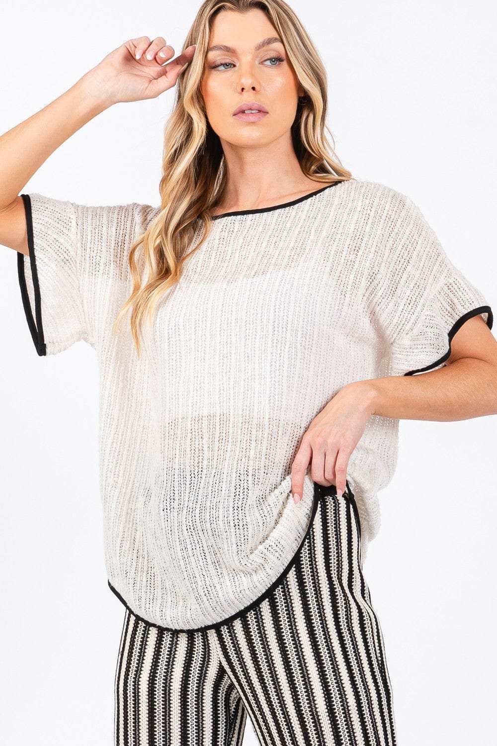GeeGee Contrast Trim Short Sleeve Knit Cover Up - Trendsi - Flyclothing LLC
